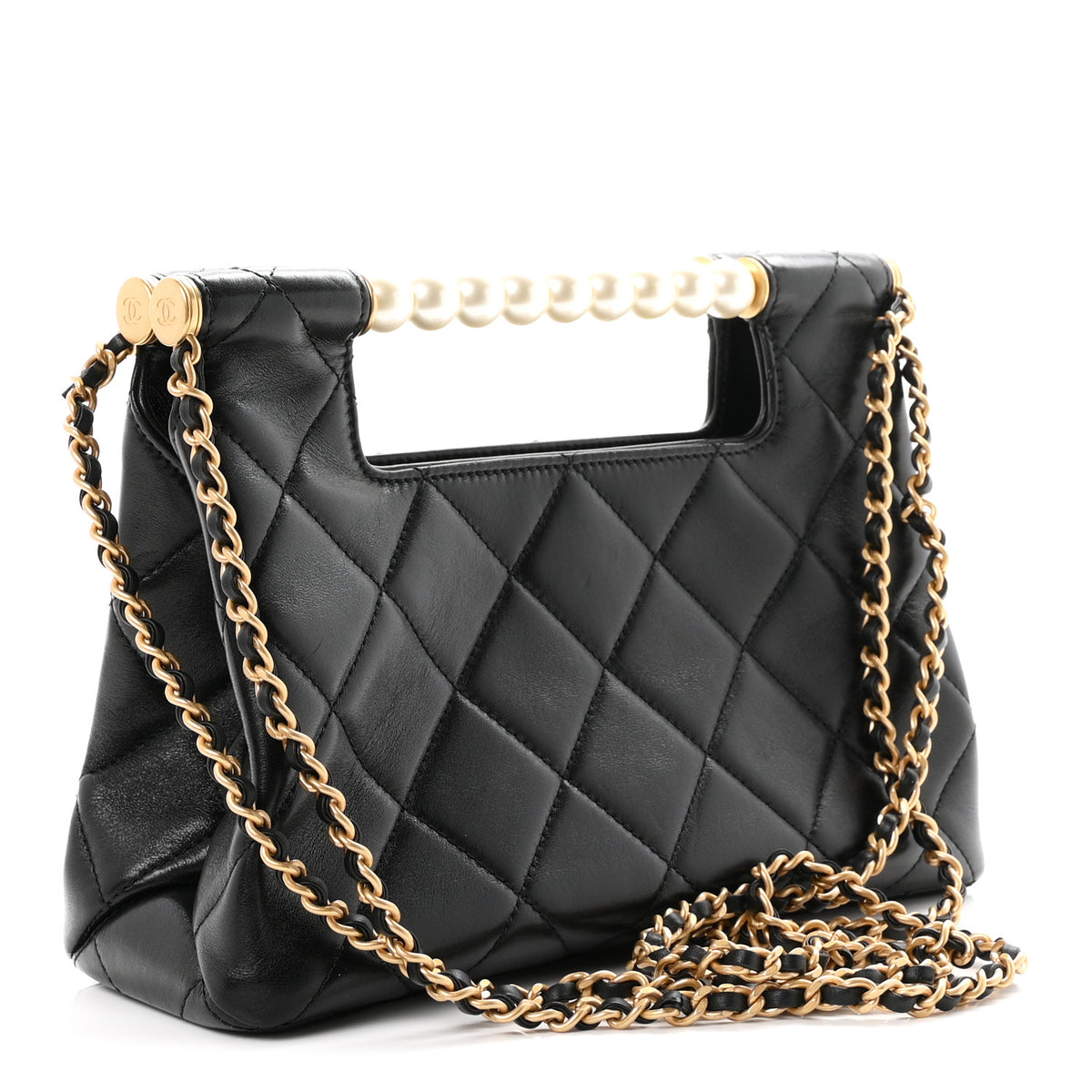 Shiny Lambskin Pearl Small Shopping Bag Black