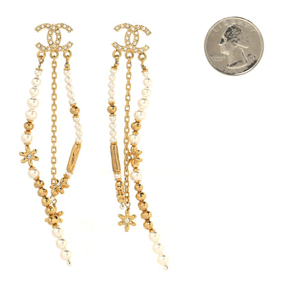 Chanel Pearl Crystal CC Flower Chain Multi Drop Earrings Gold 2 of 4