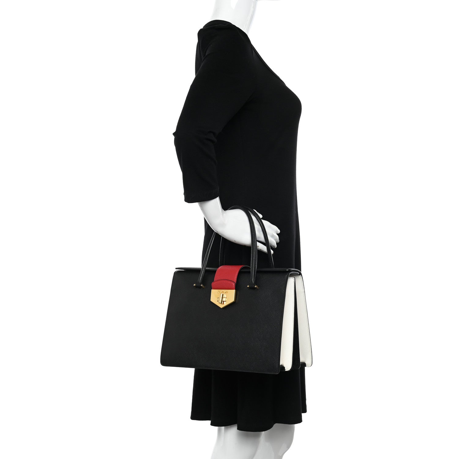 Prada Saffiano Tri-Color Turn Lock Satchel Black Bianco Rosso 2 of 10