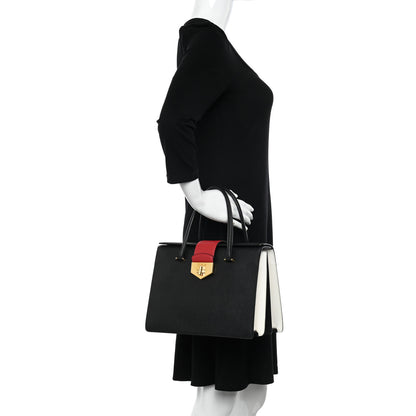 Prada Saffiano Tri-Color Turn Lock Satchel Black Bianco Rosso 2 of 10
