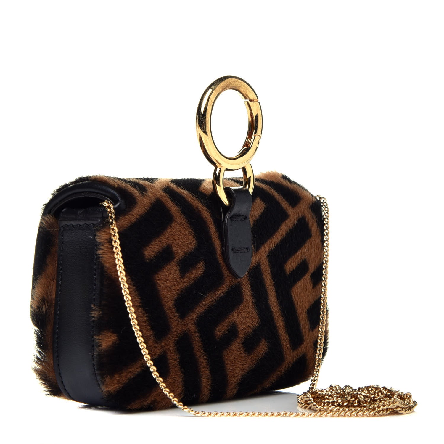 Fendi Sheared Sheepskin Vitello King FF Nano Baguette Charm Tobacco Moro Black 3 of 9