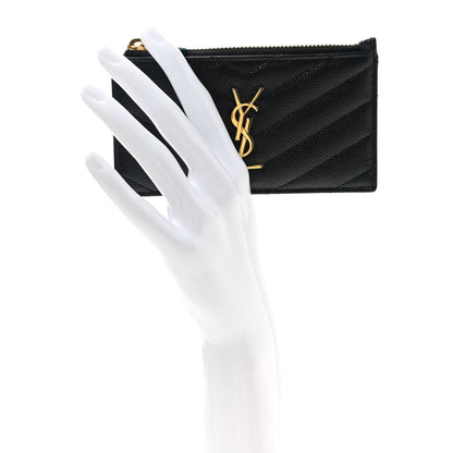 Saint Laurent Grain De Poudre Matelasse Chevron Monogram Fragments Zippered Card Case Black 2 of 7