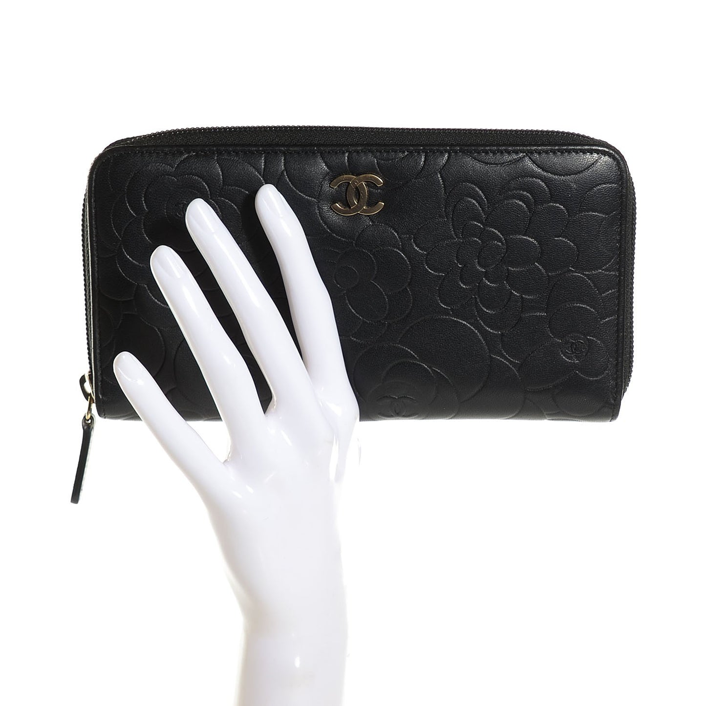 Lambskin Camellia Embossed Large Zip Around Gusset Wallet Black