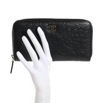 Chanel Lambskin Camellia Embossed Large Zip Around Gusset Wallet Black 2 of 9