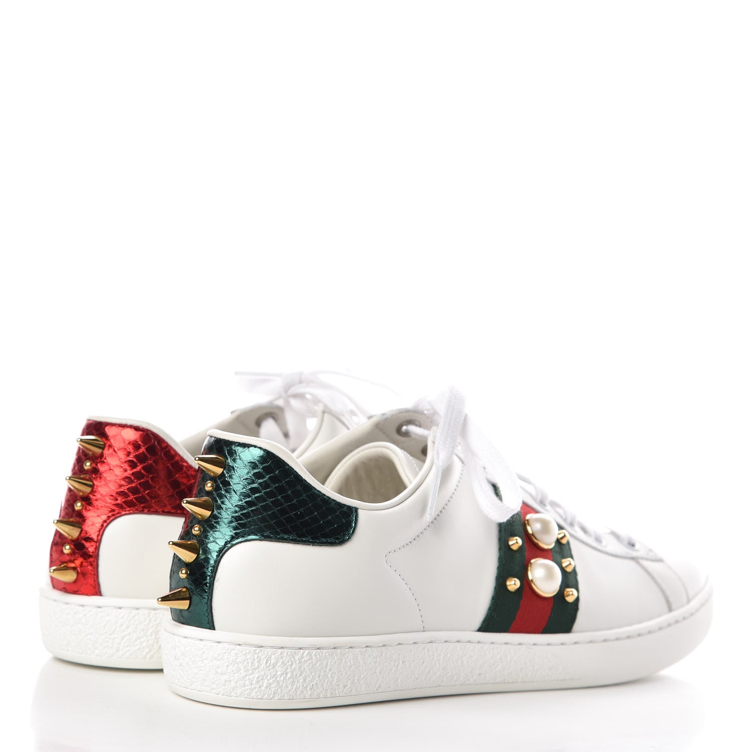 Gucci Calfskin Web Pearl Studded Womens Ace Sneakers 37.5 White 4 of 9