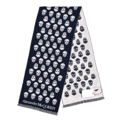 Alexander McQueen Wool Reversible Upside Down Skull Scarf Navy White 2 of 5