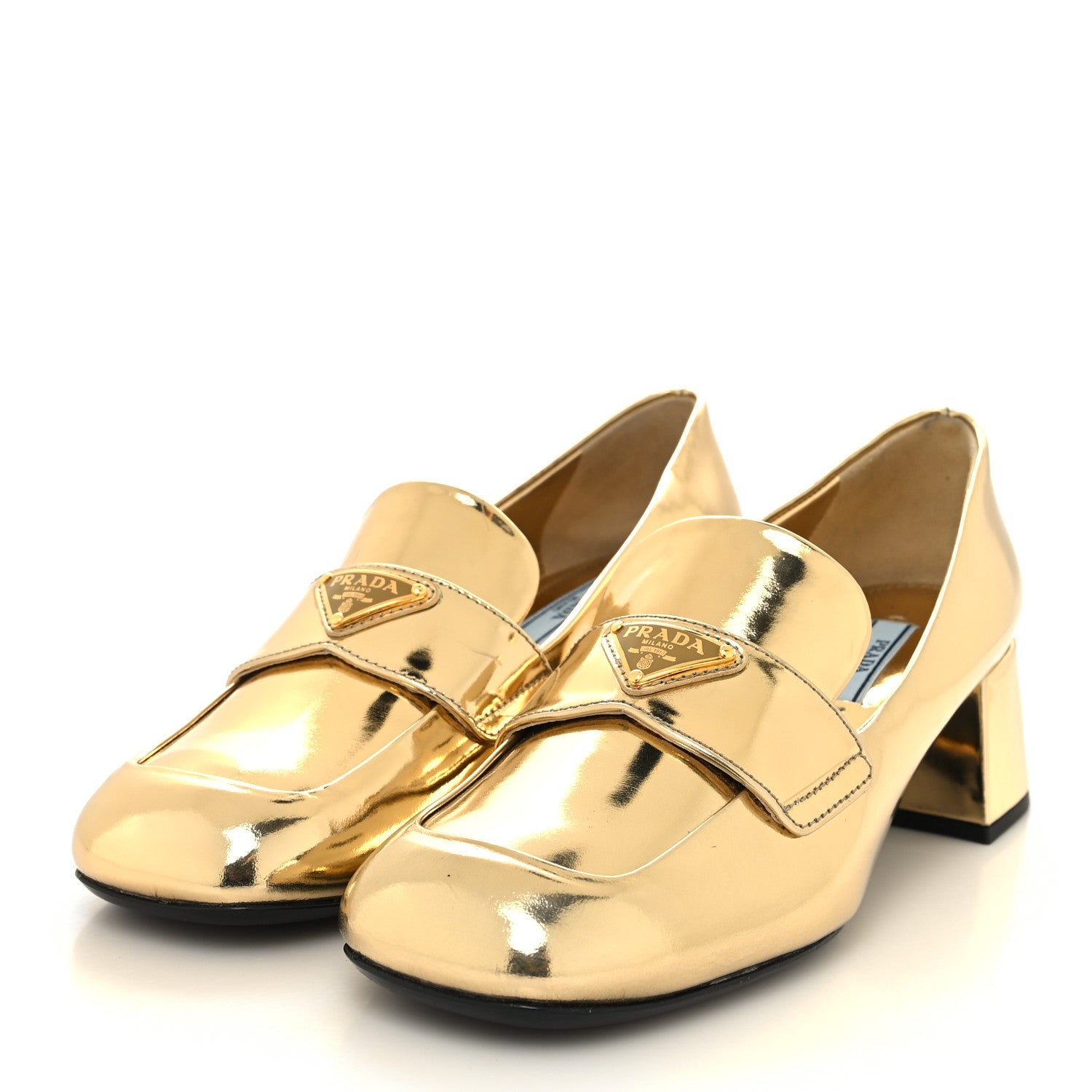 Prada Metallic Patent Metal Triangle Logo 45mm Loafer Pumps 36 Platino 3 of 10