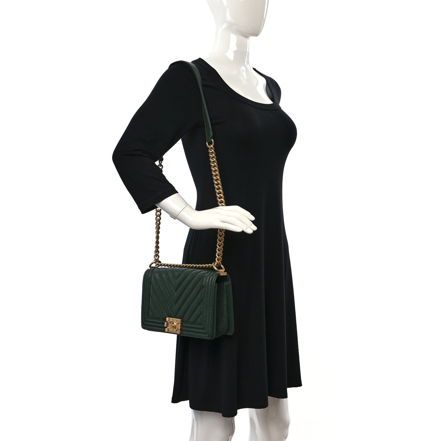 Chanel Caviar Chevron Quilted Medium Boy Flap Dark Green 2 of 9