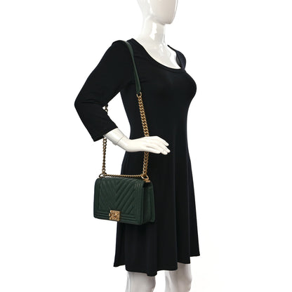 Chanel Caviar Chevron Quilted Medium Boy Flap Dark Green 2 of 9