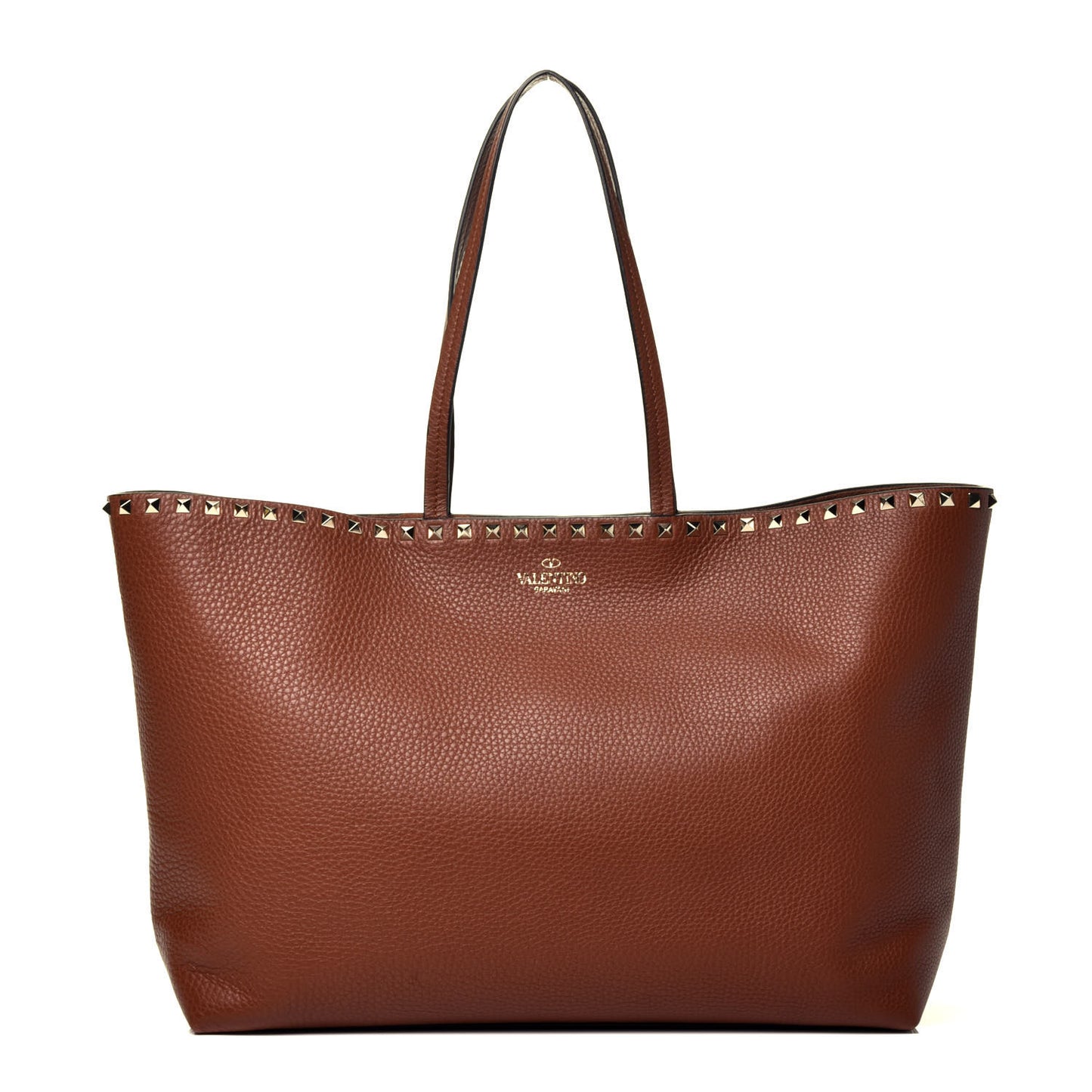 Grained Calfskin Rockstud Shoulder Tote Bright Cognac