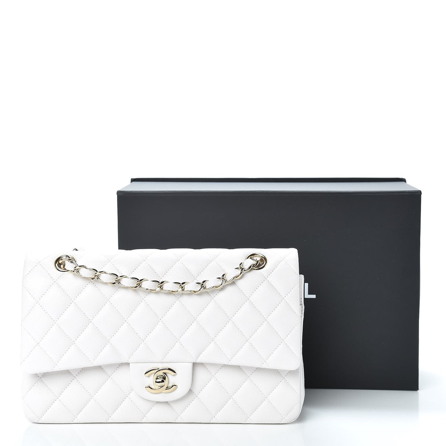 Caviar Quilted Medium Double Flap White