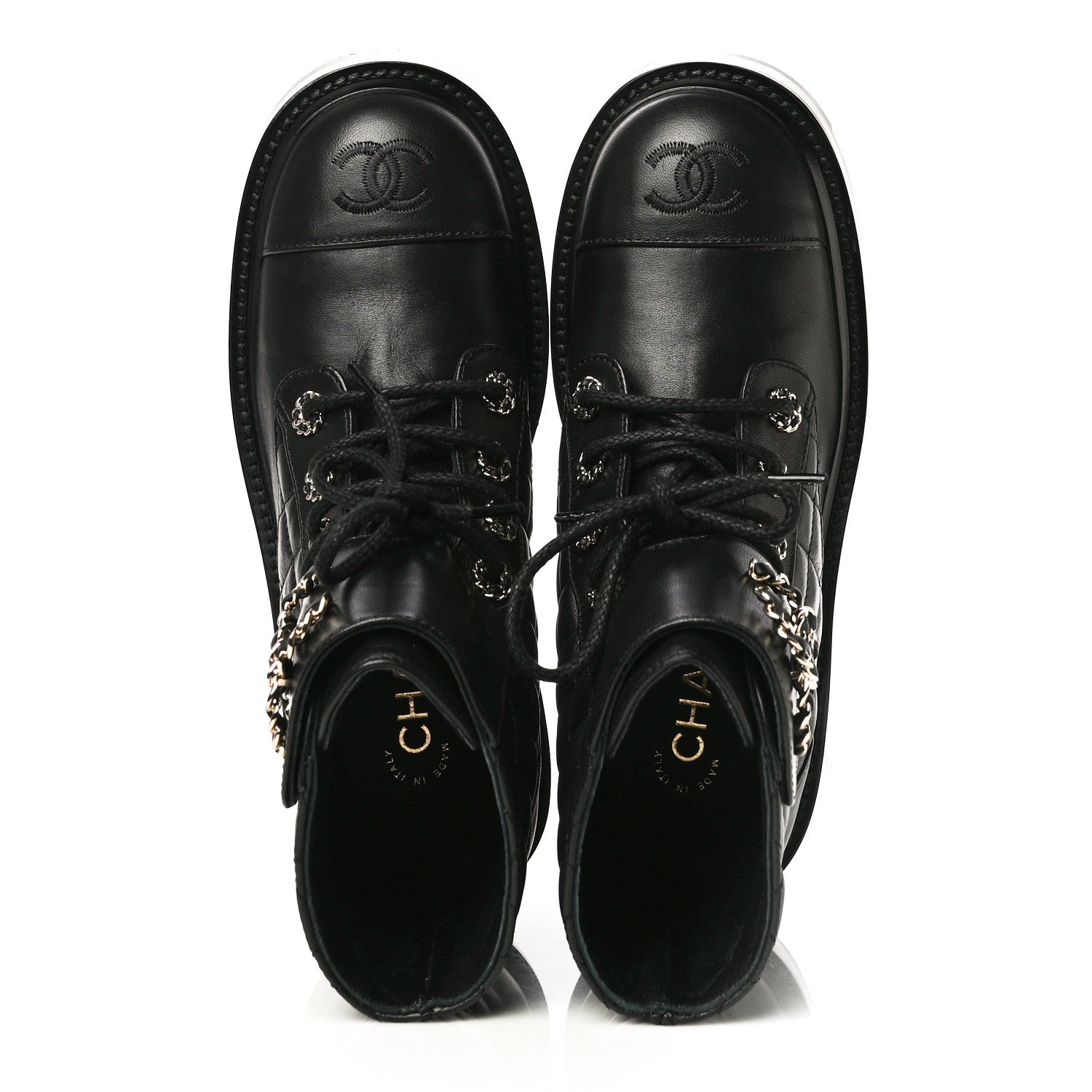 Chanel Shiny Lambskin Quilted Lace Up Combat Boots 36 Black 5 of 14