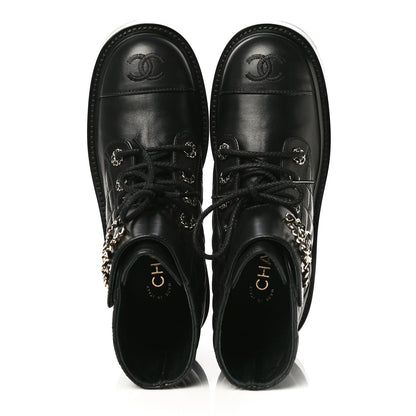 Chanel Shiny Lambskin Quilted Lace Up Combat Boots 36 Black 5 of 14