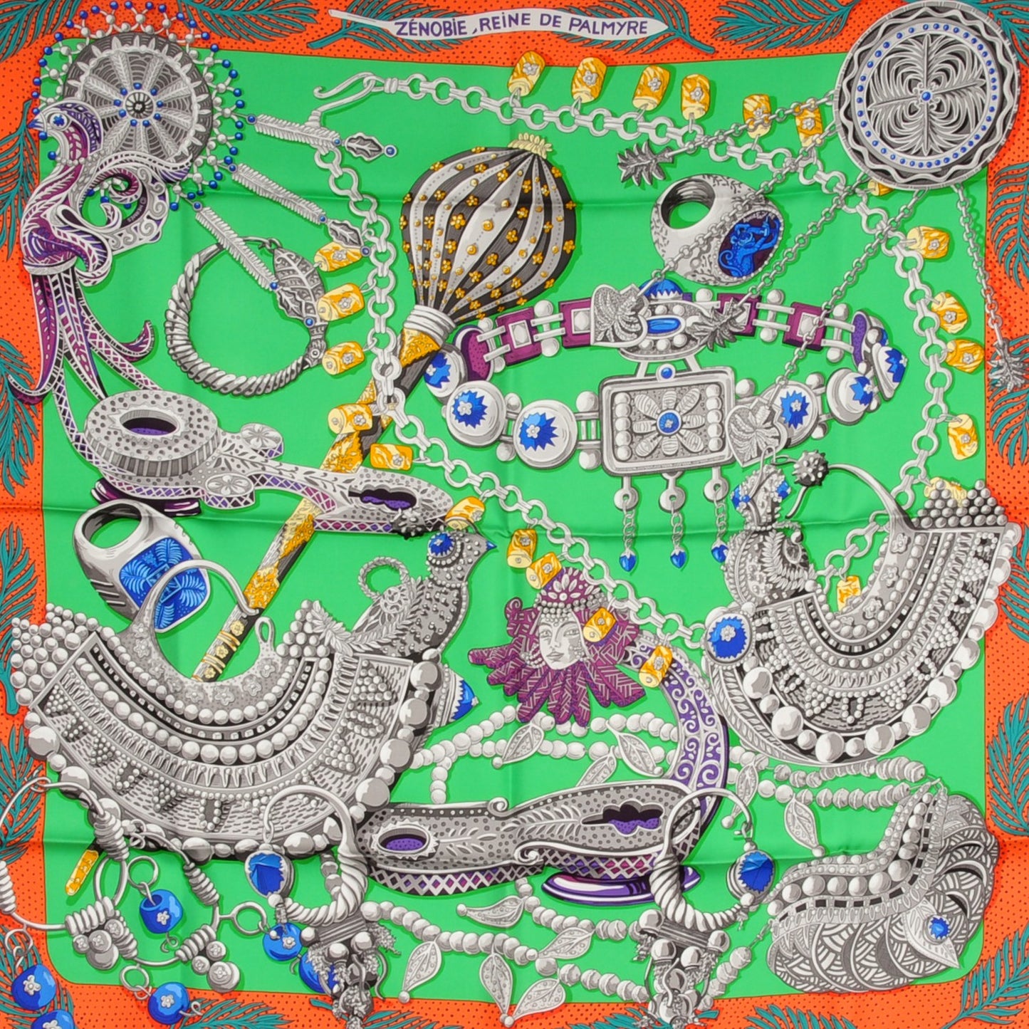 Silk Zenobie Reine De Palmyre Scarf 90 Vert Orange Rose Vif