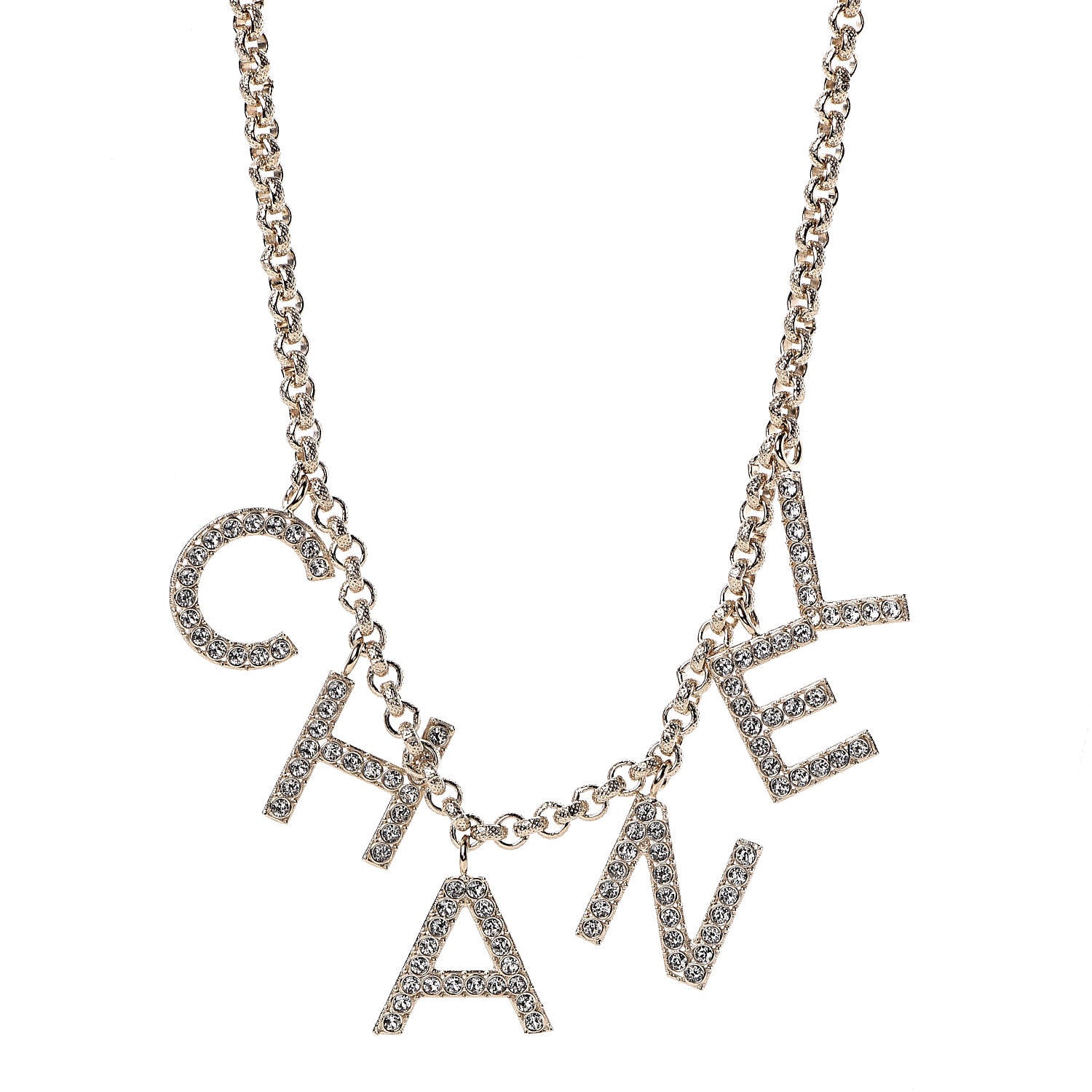 Chanel Metal Crystal Cha-Nel Logo Necklace Gold 1 of 6