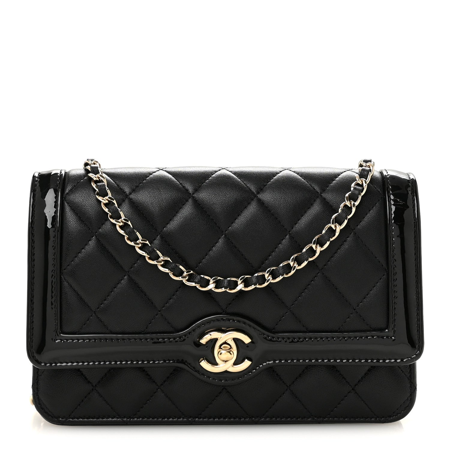 Chanel Lambskin Patent Calfskin Quilted Hold The Line CC Wallet On Chain WOC Black 1 of 12