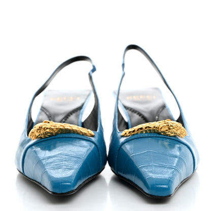 Gucci Calfskin Crocodile Print Square Slingback Pumps 38.5 Bright Sapphire 2 of 9