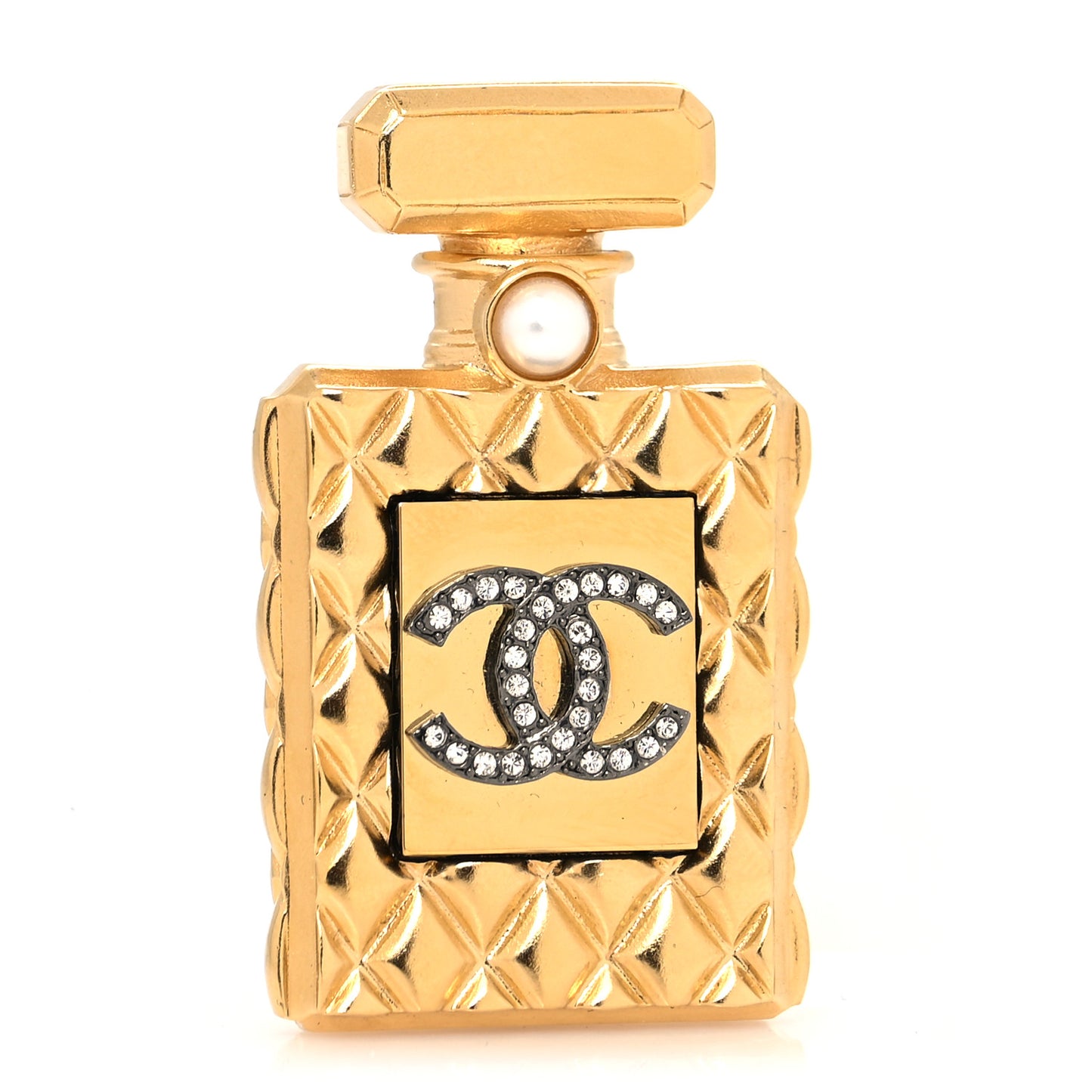 Enamel Pearl Quilted Perfume Bottle CC Brooch Gold