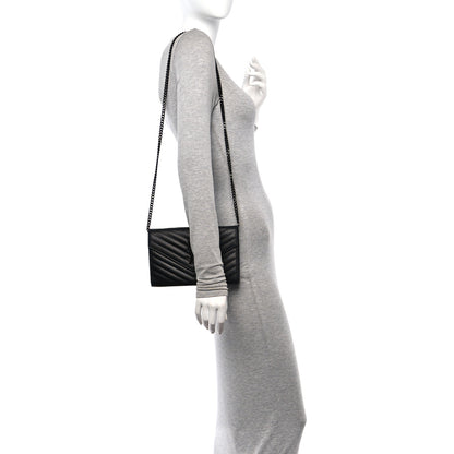 Saint Laurent Grain De Poudre Matelasse Chevron Monogram Monochrome Chain Wallet Black 2 of 10