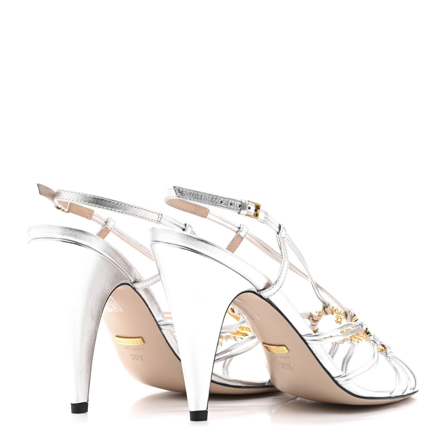 Metallic Nappa Silk Crystal GG Isa Ankle Strap Mid Heel Sandals 39.5 Silver