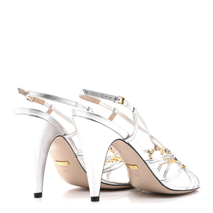 Gucci Metallic Nappa Silk Crystal GG Isa Ankle Strap Mid Heel Sandals 39.5 Silver 5 of 10