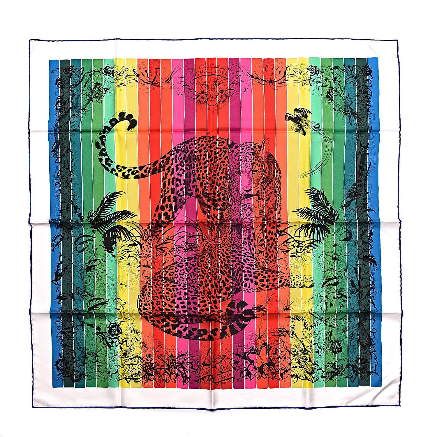 Hermes Silk Jungle Love Rainbow Scarf 90 Rose Vert Jaune 1 of 4