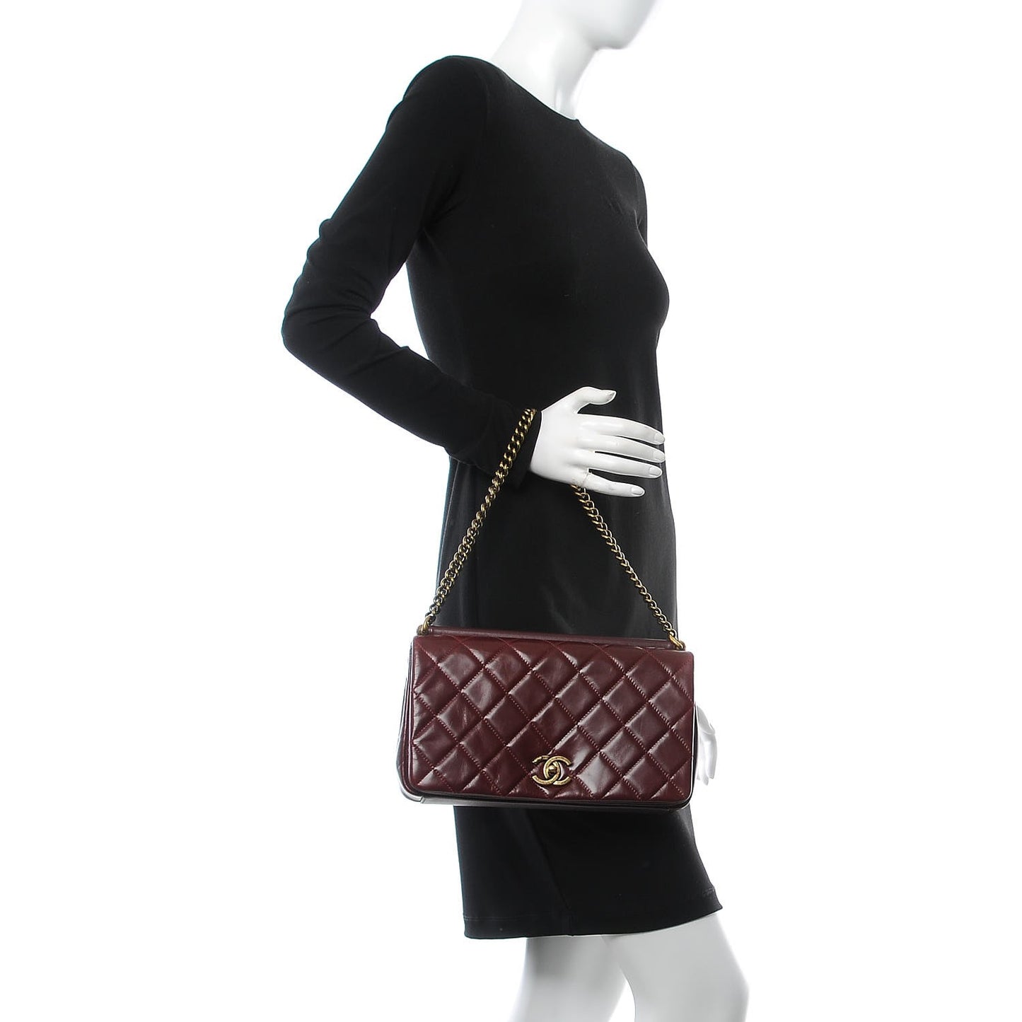 Calfskin Quilted Gold Bar Flap Burgundy