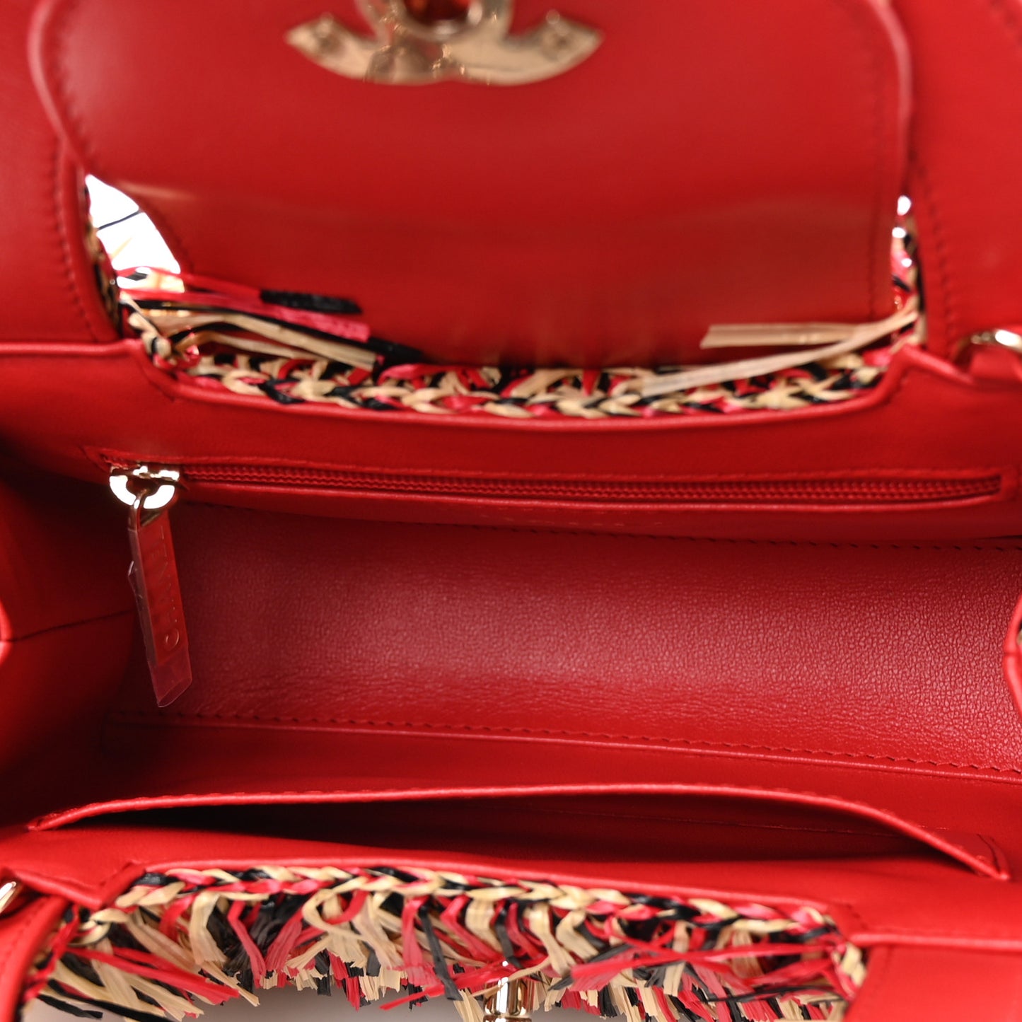 Raffia Fringe Nano Kelly Shopper Red Beige Black