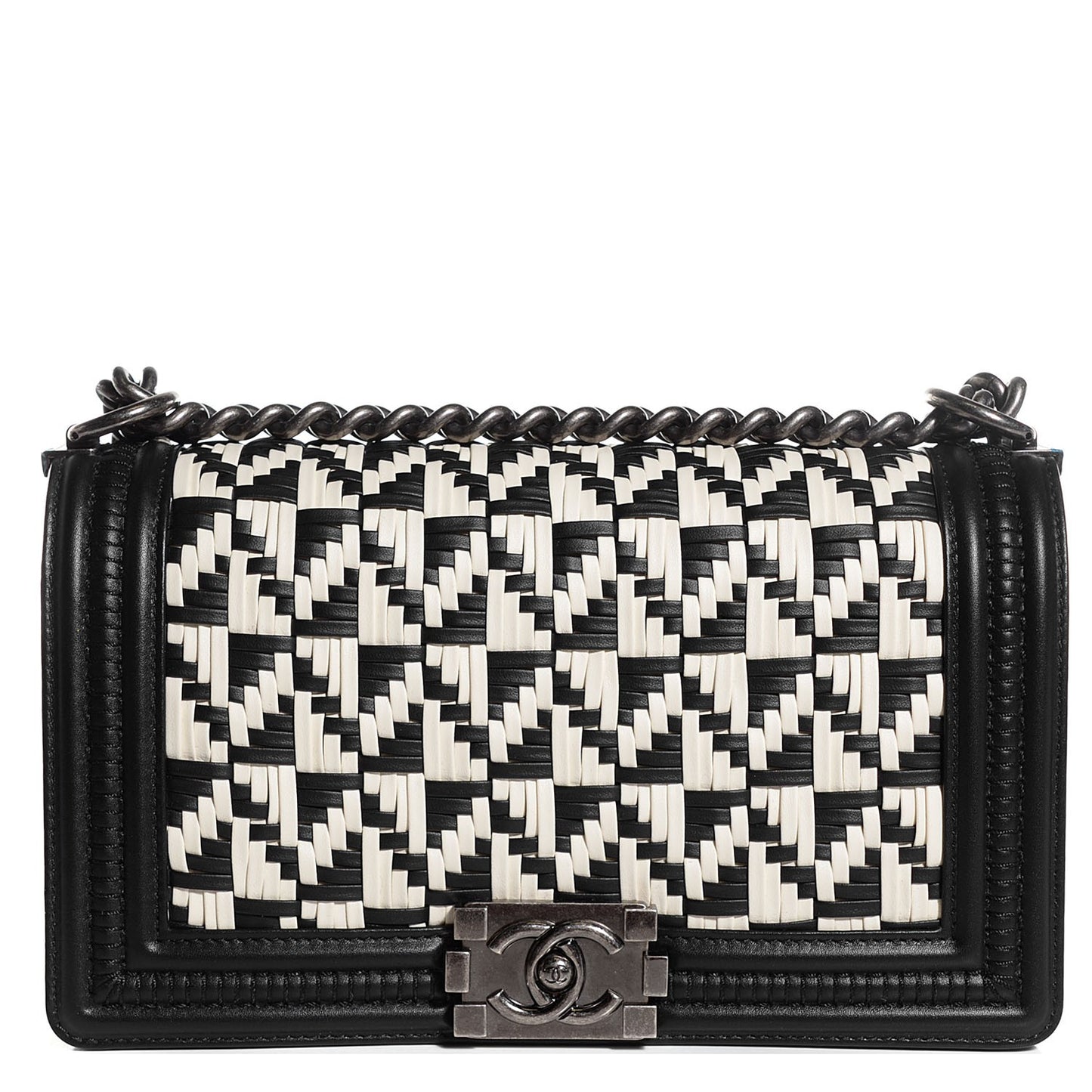 Calfskin Woven Medium Boy Flap Black White