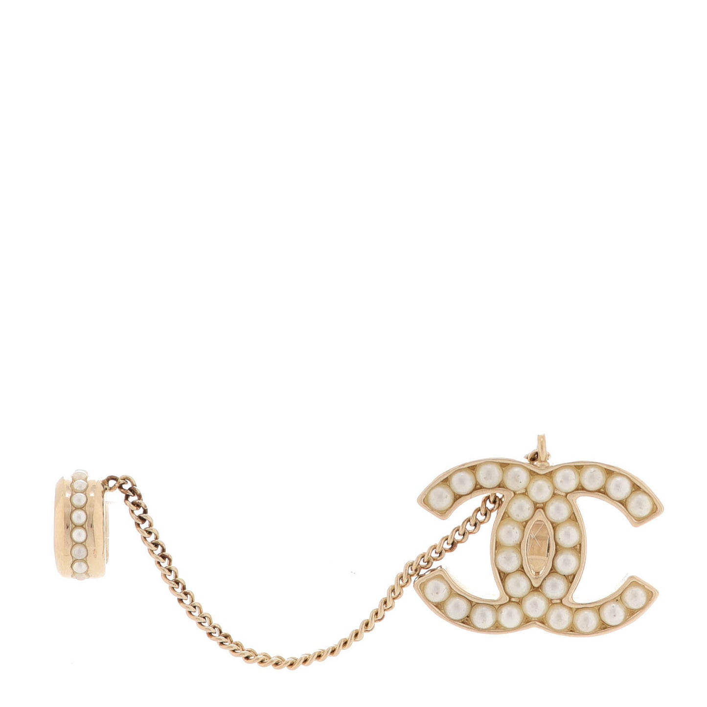 Crystal CC Chain Cuff Single Clip On Earring Gold Pearly White