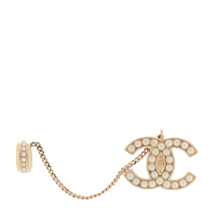 Chanel Crystal CC Chain Cuff Single Clip On Earring Gold Pearly White 1 of 4