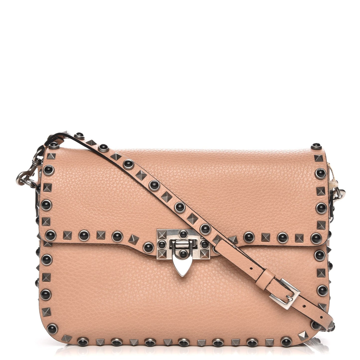 Pebbled Calfskin Medium Rockstud Rolling Flap Saddle Bag Soft Noisette