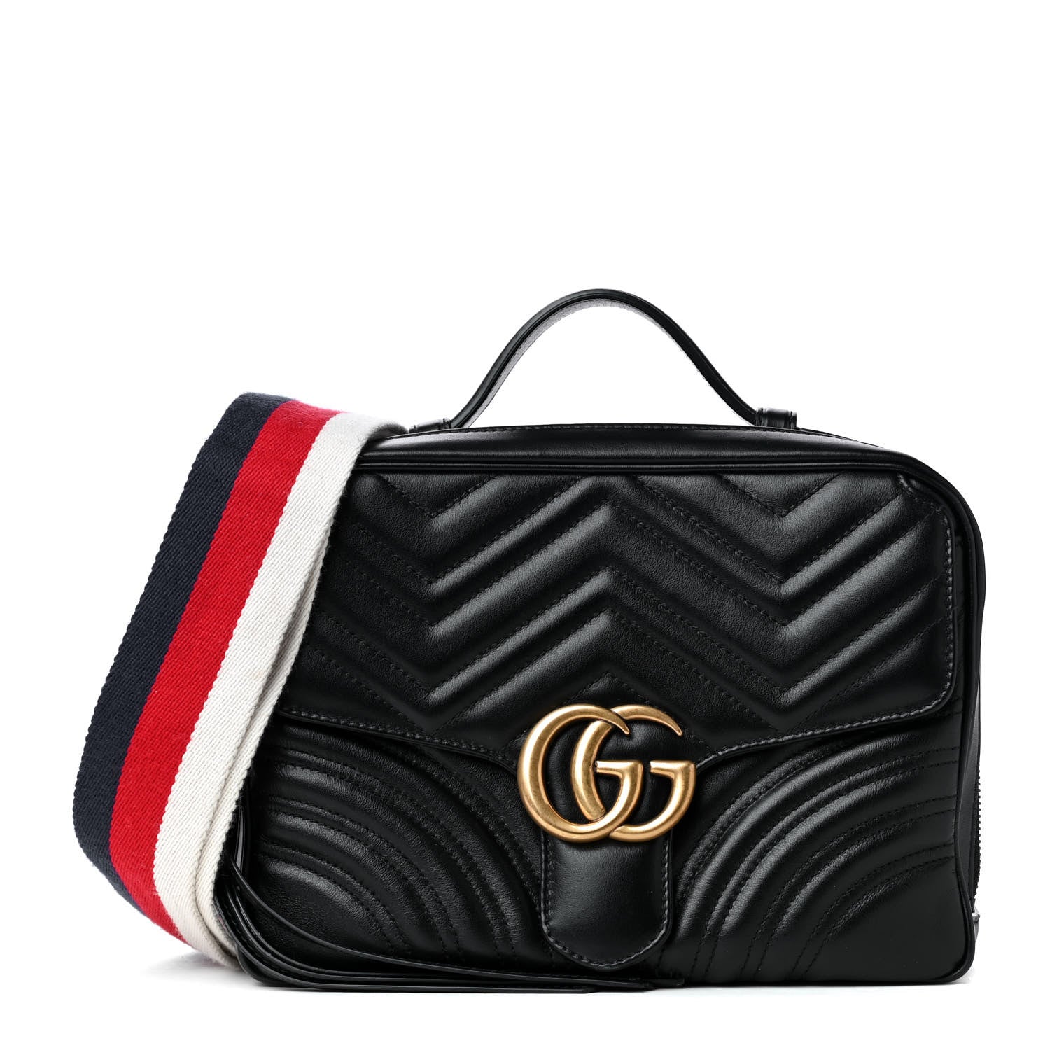 Gucci Calfskin Matelasse Sylvie Web Small GG Marmont Top Handle Shoulder Bag Black 1 of 4