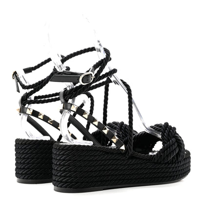 Valentino Garavani Calfskin Silk Woven Rockstud Torchon 55 Espadrille Sandals 36 Black 4 of 7