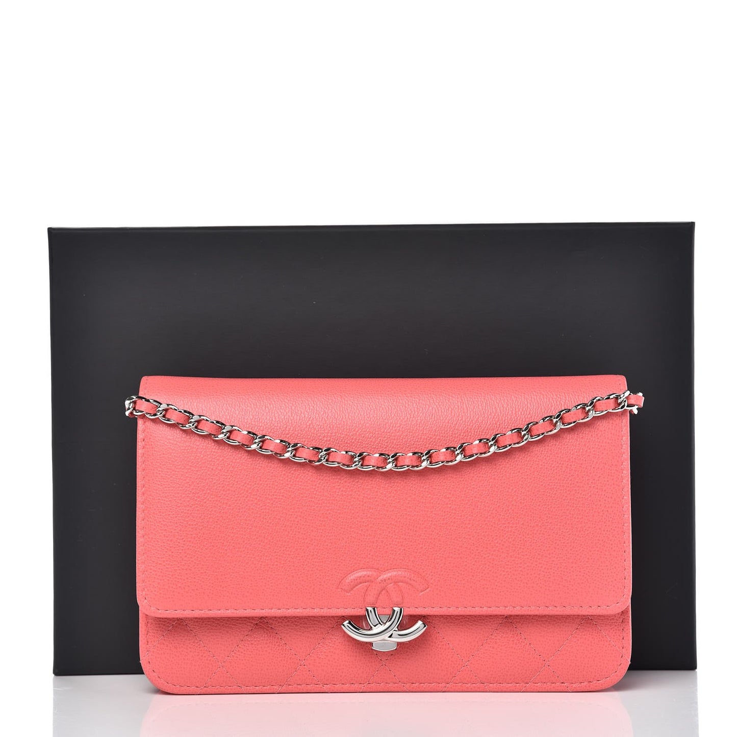 Grained Calfskin Quilted CC Box Wallet On Chain WOC Pink