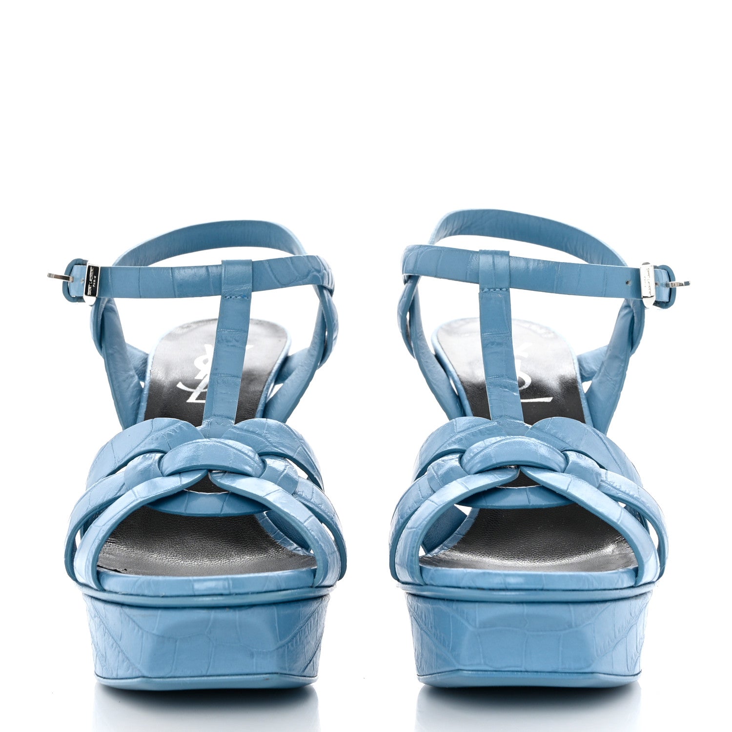 Saint Laurent Crocodile Embossed Leather Tribute 75 Platform Sandals 36.5 Blue 2 of 8