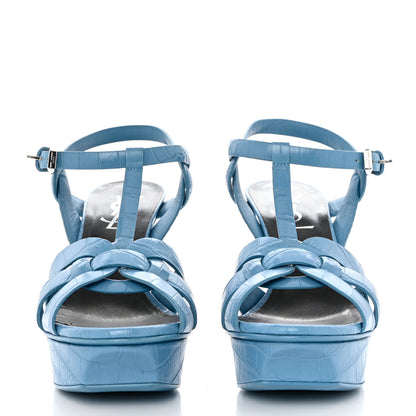 Saint Laurent Crocodile Embossed Leather Tribute 75 Platform Sandals 36.5 Blue 2 of 8