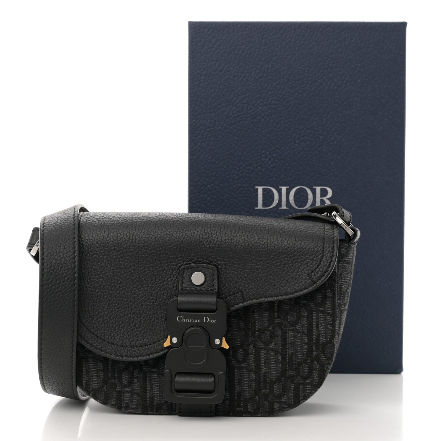 Oblique Jacquard Grained Calfskin Mini Saddle Messenger Bag With Flap Black