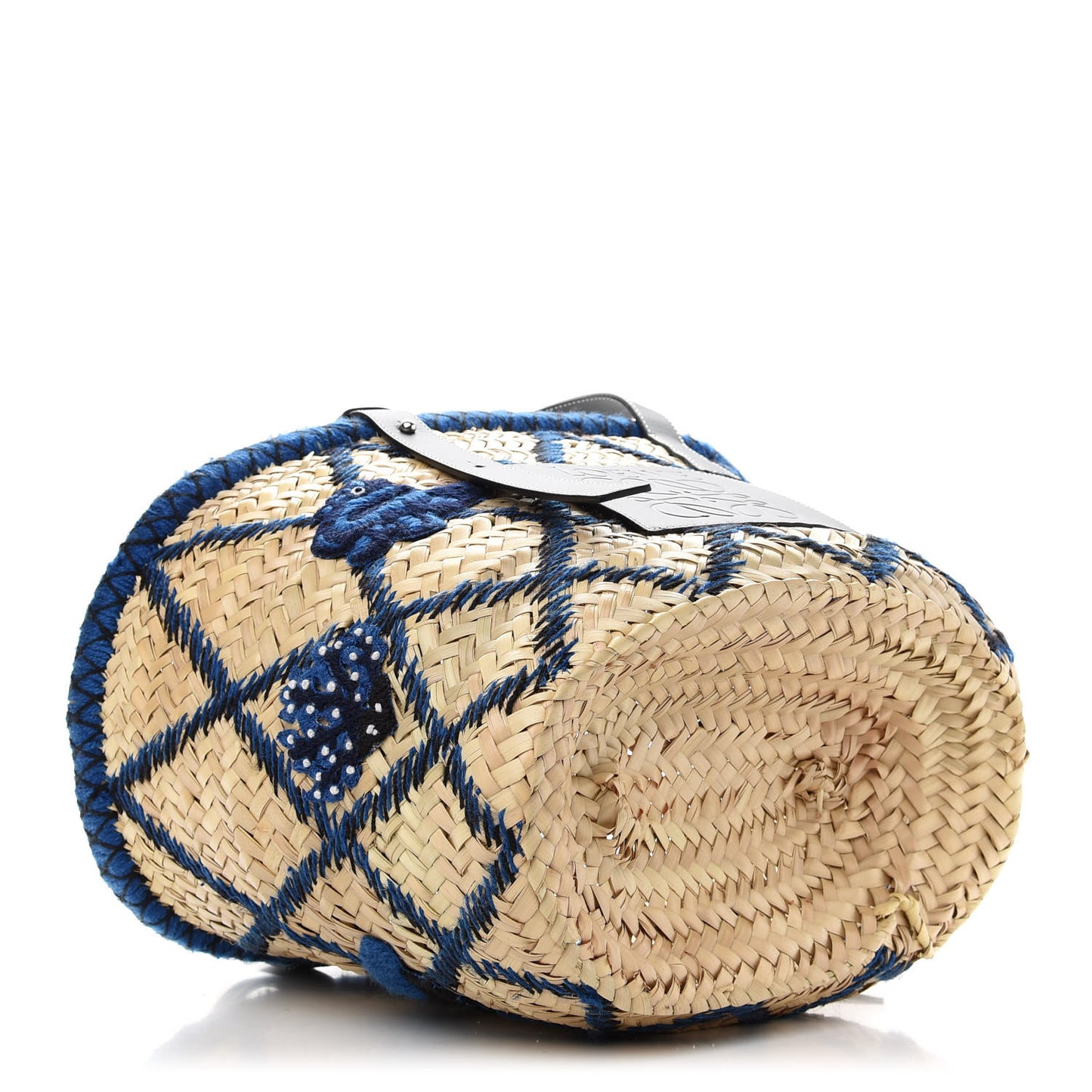 Embroidered Raffia Basket Tote Bag Natural Black Blue