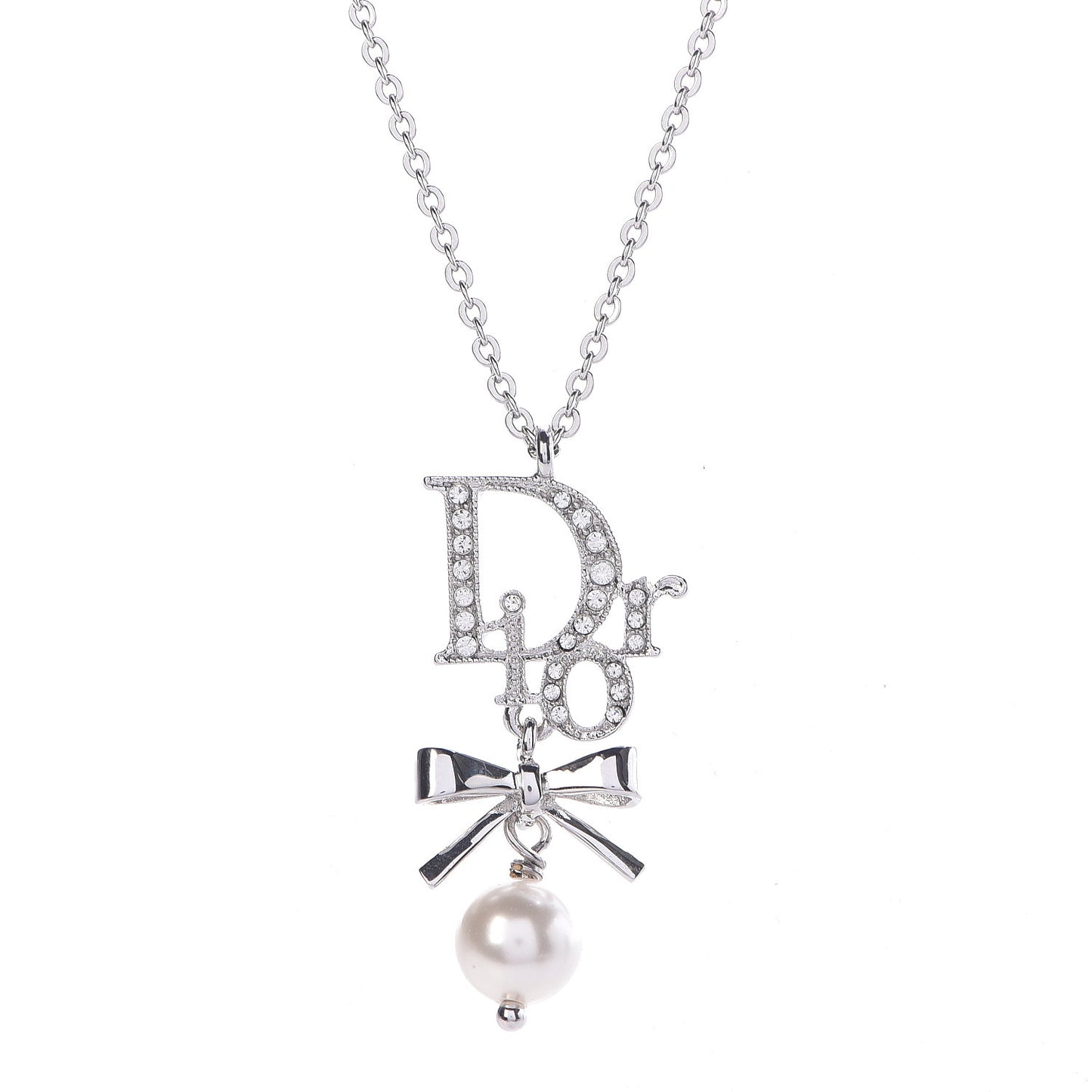 Crystal Pearl Dior Logo Necklace Silver