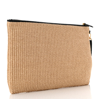 Fendi Straw Vitello King Logo Woven Large Flat Pouch Paglia Black 3 of 6