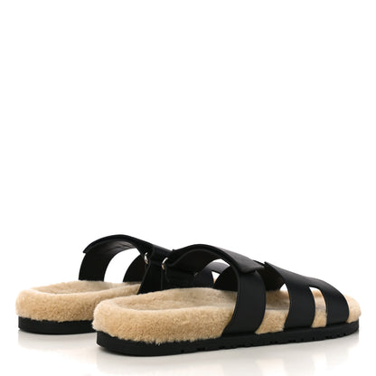 Hermes Veau Indios Woolskin Mens Chypre Sandals 44 Black Ecru 3 of 10
