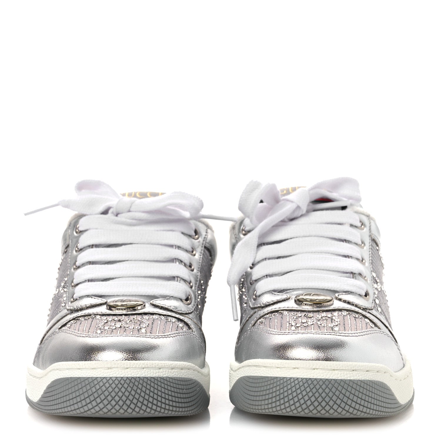 Gucci Metallic Nappa Silk Crystals Womens Screener Sneakers 35 Silver Light Grey 3 of 11
