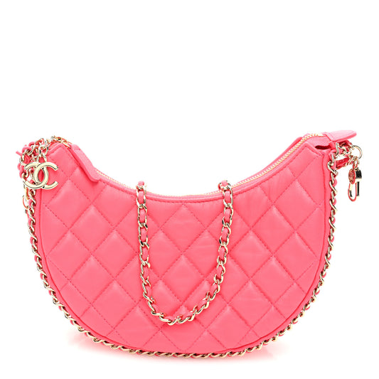 Lambskin Quilted Small Hobo Bag Dark Pink