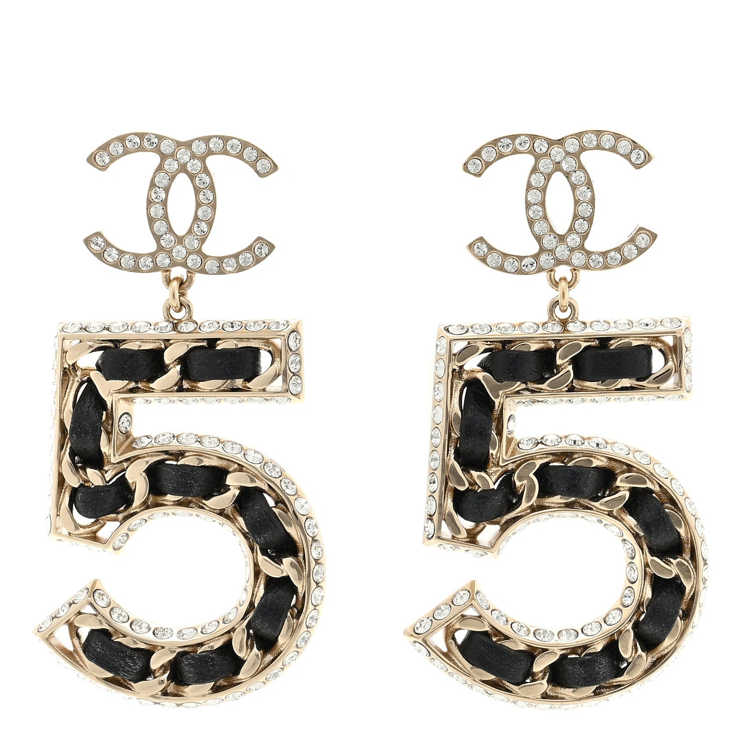 Chanel Crystal Lambskin Chain CC No 5 Drop Earrings Gold Black 1 of 4