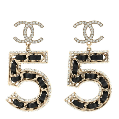Chanel Crystal Lambskin Chain CC No 5 Drop Earrings Gold Black 1 of 4