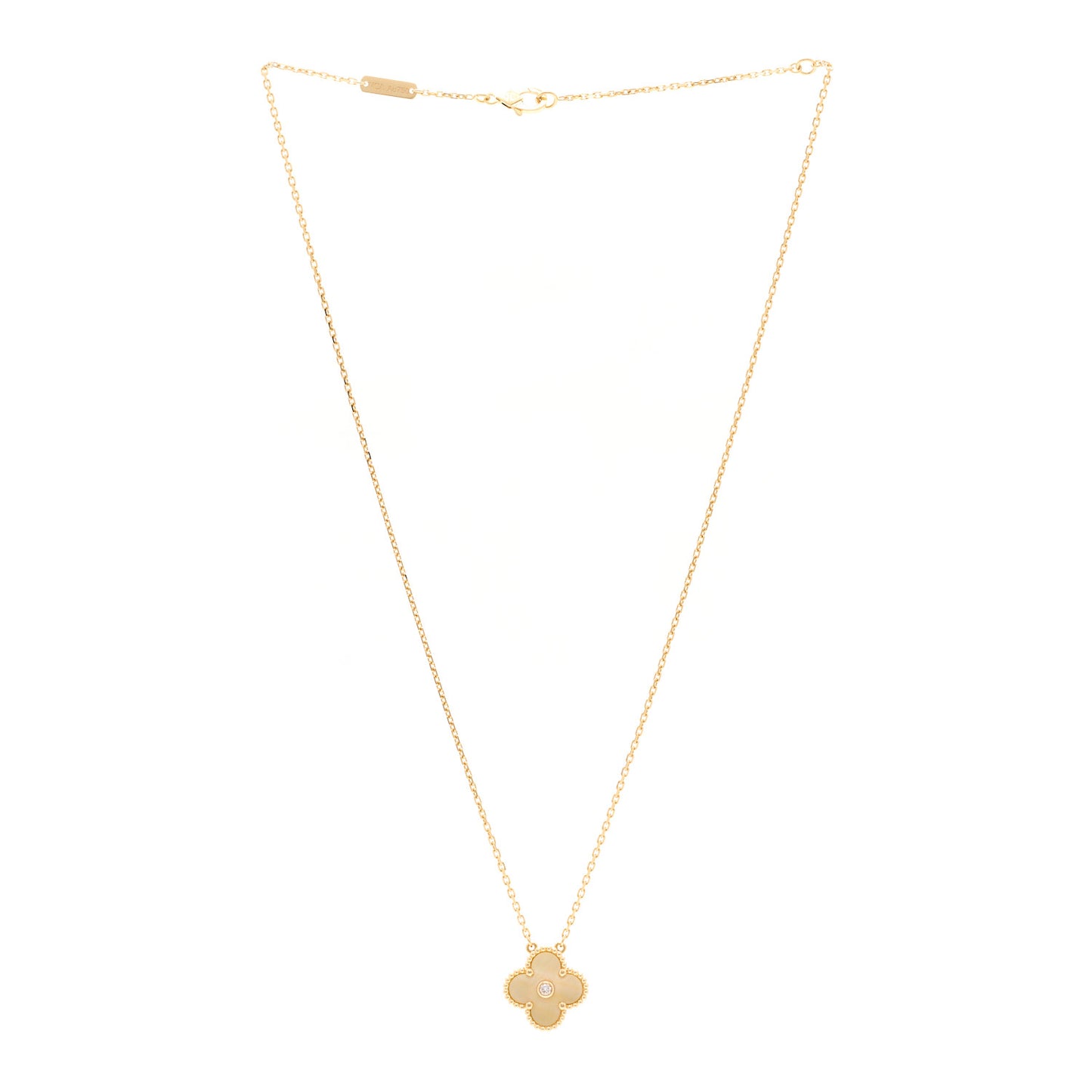 18K Yellow Gold Diamond Yellow Mother of Pearl Vintage Alhambra Pendant Necklace