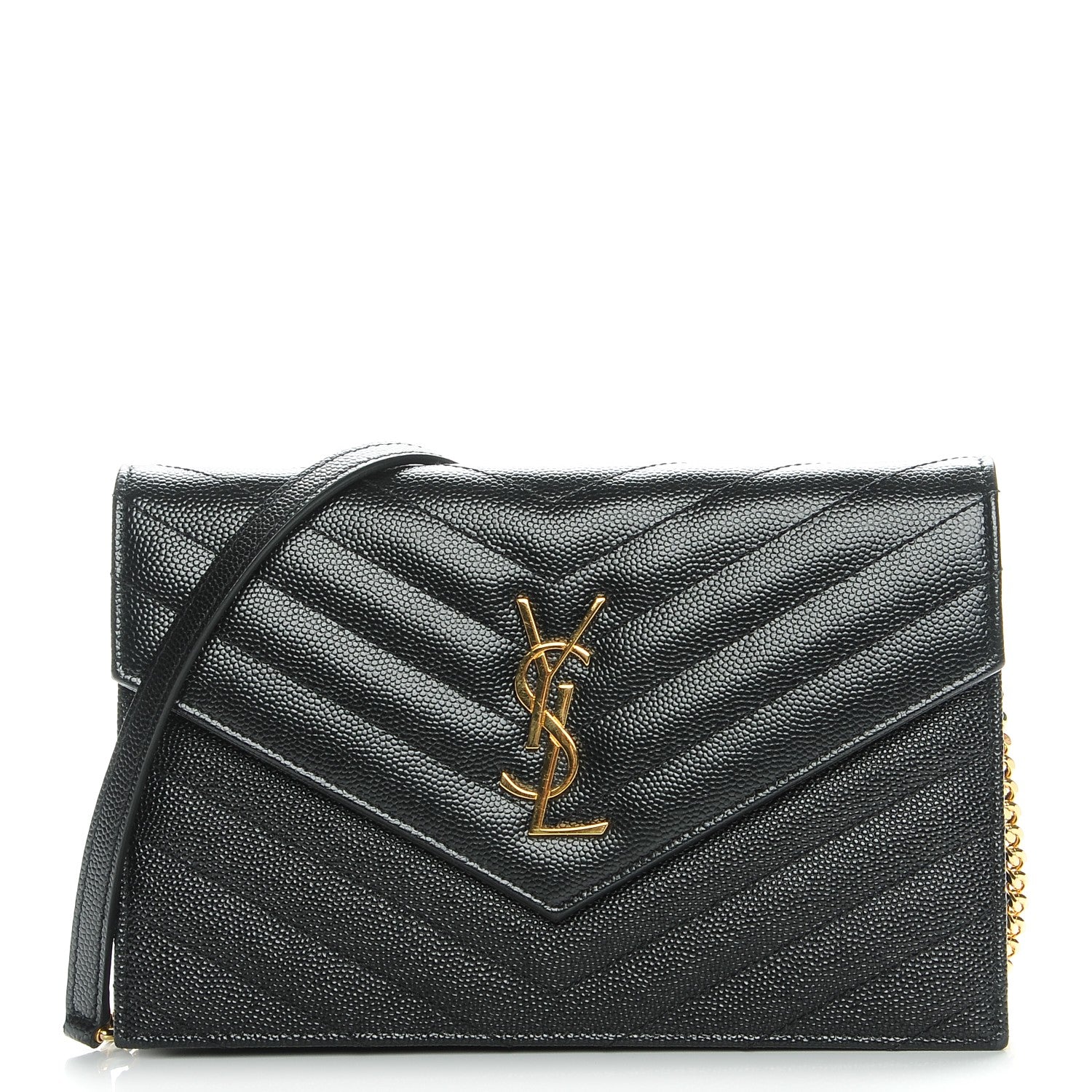 Saint Laurent Grain De Poudre Matelasse Chevron Monogram Envelope Chain Wallet Black 1 of 8