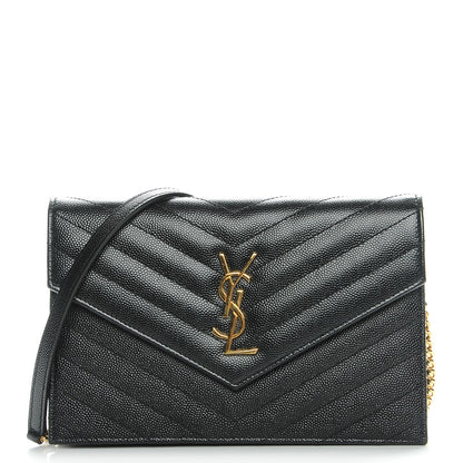 Saint Laurent Grain De Poudre Matelasse Chevron Monogram Envelope Chain Wallet Black 1 of 8