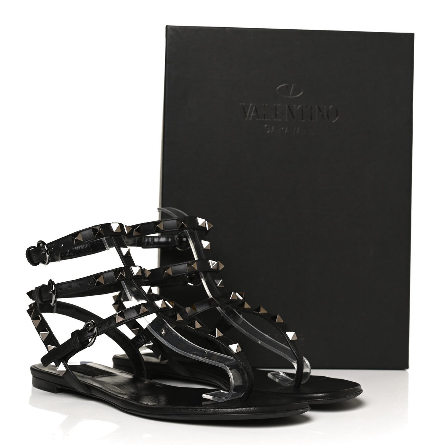 Nappa Rockstud Ankle Strap Flat Thong Sandals 37.5 Black